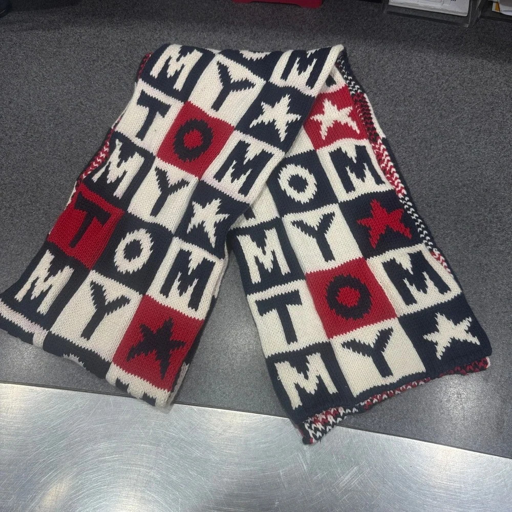 Tommy Hilfiger Scarf Unisex OS Red White Blue Excellent Knit Logo Star Block